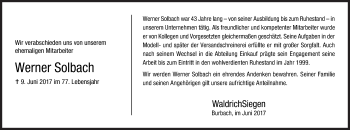 Traueranzeige von Werner Solbach von Siegener Zeitung