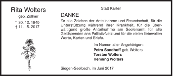 Traueranzeige von Rita Wolters von Siegener Zeitung