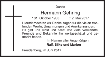 Traueranzeige von Hermann Gehring von Siegener Zeitung