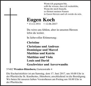 Traueranzeige von Eugen Koch von Siegener Zeitung