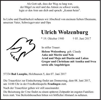 Traueranzeige von Ulrich Wolzenburg von Siegener Zeitung