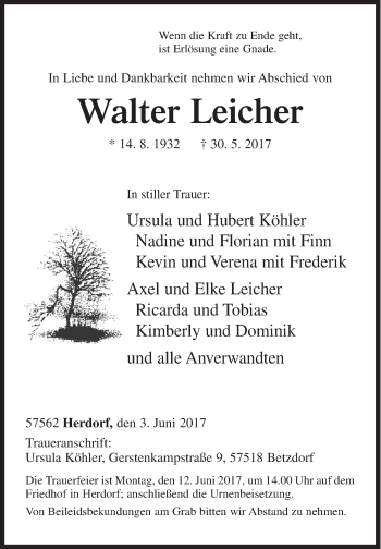 Traueranzeige von Walter Leicher von Siegener Zeitung