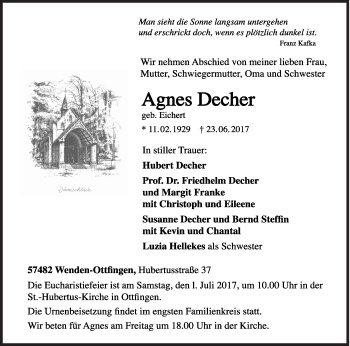 Traueranzeige von Agnes Decher von Siegener Zeitung