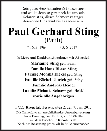 Traueranzeige von Paul Gerhard Sting von Siegener Zeitung