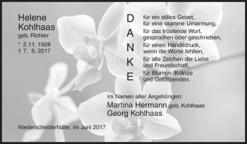 Traueranzeige von Helene Kohlhaas von Siegener Zeitung