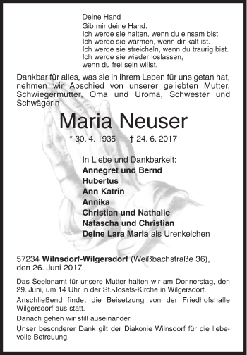 Traueranzeige von Maria Neuser von Siegener Zeitung