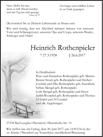 Traueranzeige von Heinrich Rothenpieler von Siegener Zeitung