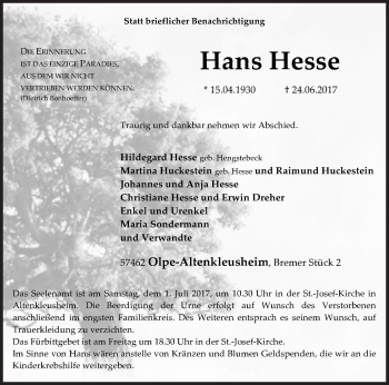 Traueranzeige von Hans Hesse von Siegener Zeitung