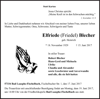 Traueranzeige von Elfriede Blecher von Siegener Zeitung