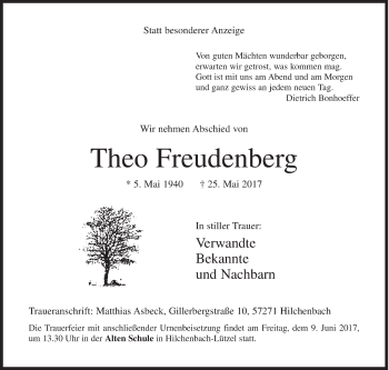 Traueranzeige von Theo Freudenberg von Siegener Zeitung