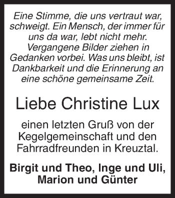 Traueranzeige von Christine Lux von Siegener Zeitung