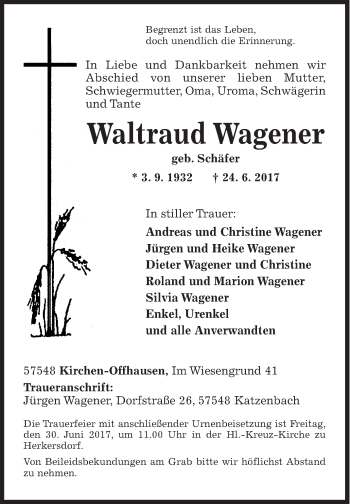 Traueranzeige von Waltraud Wagener von Siegener Zeitung