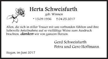 Traueranzeige von Herta Schweisfurth von Siegener Zeitung