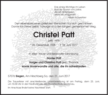 Traueranzeige von Christel Patt von Siegener Zeitung