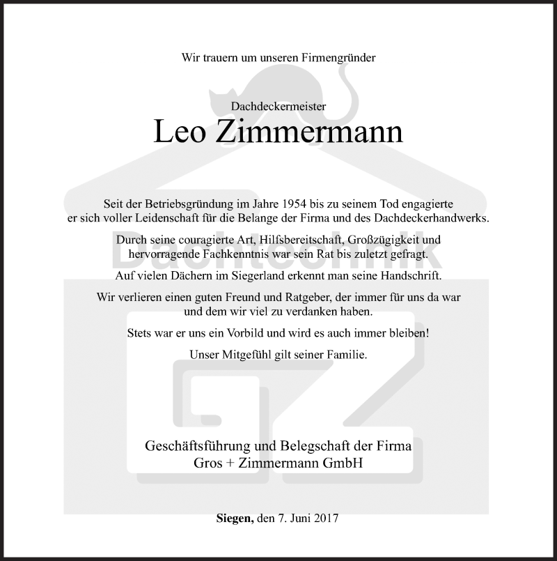  Traueranzeige für Leo Zimmermann vom 07.06.2017 aus Siegener Zeitung