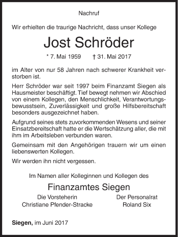 Traueranzeige von Jost Schröder von Siegener Zeitung