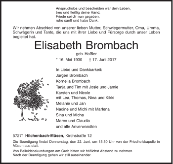 Traueranzeige von Elisabeth Brombach von Siegener Zeitung