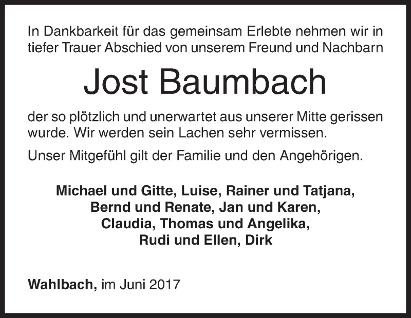  Traueranzeige für Jost Baumbach vom 28.06.2017 aus Siegener Zeitung