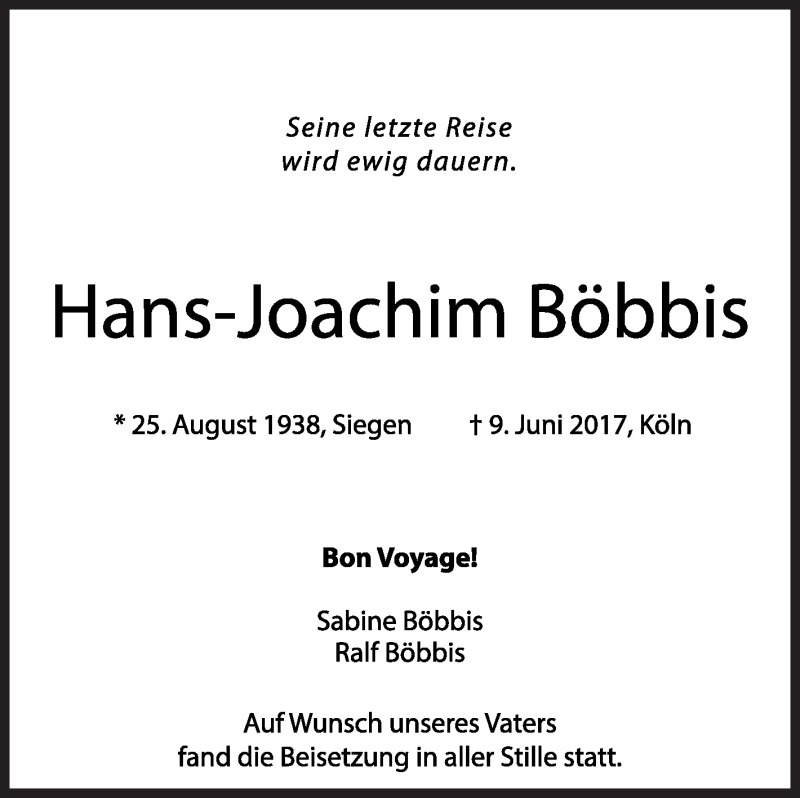  Traueranzeige für Hans-Joachim Böbbis vom 24.06.2017 aus Siegener Zeitung