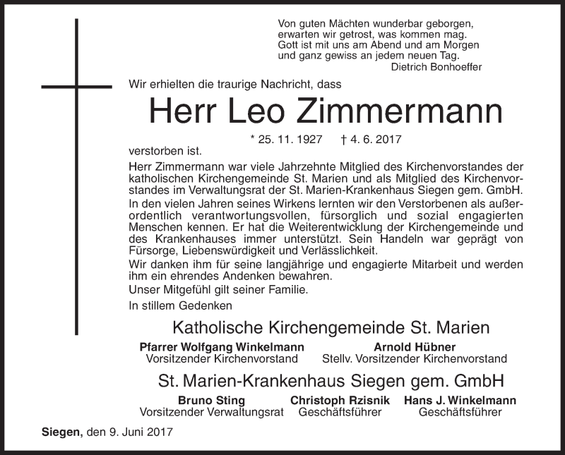  Traueranzeige für Leo Zimmermann vom 09.06.2017 aus Siegener Zeitung