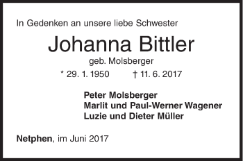 Traueranzeige von Johanna Bittler von Siegener Zeitung