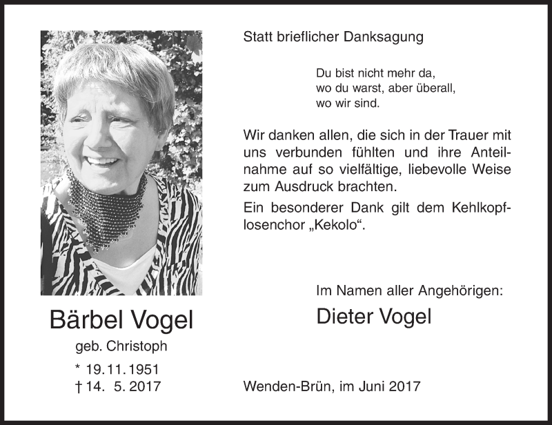  Traueranzeige für Bärbel Vogel vom 14.06.2017 aus Siegener Zeitung