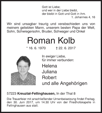 Traueranzeige von Roman Kolb von Siegener Zeitung