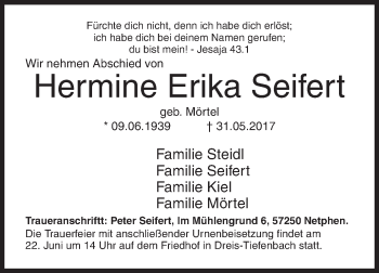Traueranzeige von Hermine Erika Seifert von Siegener Zeitung