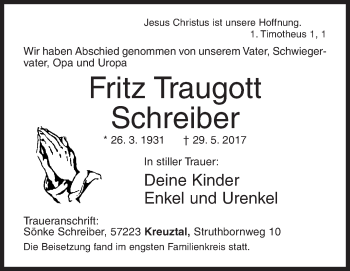 Traueranzeige von Fritz Traugott Schreiber von Siegener Zeitung