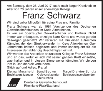 Traueranzeige von Franz Schwarz von Siegener Zeitung