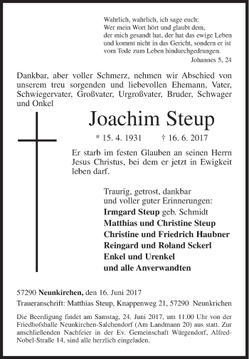 Traueranzeige von Joachim Steup von Siegener Zeitung