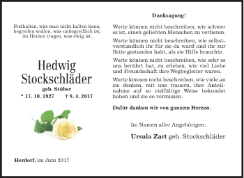 Traueranzeige von Hedwig Stockschläder von Siegener Zeitung