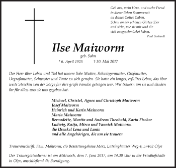 Traueranzeige von Ilse Maiworm von Siegener Zeitung