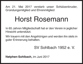 Traueranzeige von Horst Rosemann von Siegener Zeitung
