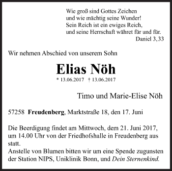 Traueranzeige von Elias Nöh von Siegener Zeitung