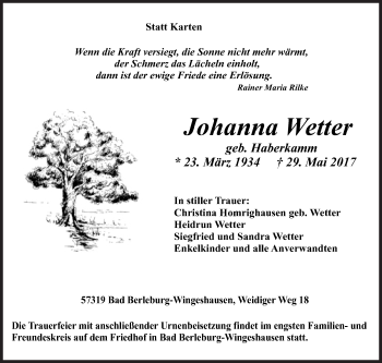 Traueranzeige von Johanna Wetter von Siegener Zeitung