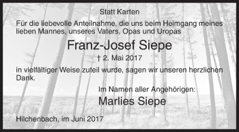 Traueranzeige von Franz-Josef Siepe von Siegener Zeitung