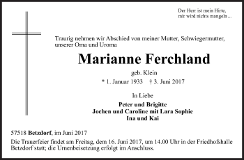 Traueranzeige von Marianne Ferchland von Siegener Zeitung