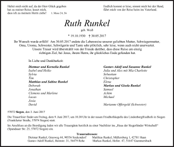 Traueranzeige von Ruth Runkel von Siegener Zeitung