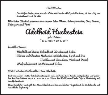 Traueranzeige von Adelheid Huckestein von Siegener Zeitung