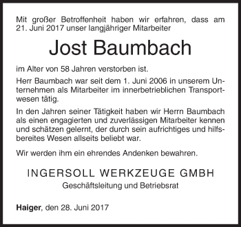 Traueranzeige von Jost Baumbach von Siegener Zeitung