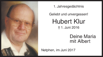 Traueranzeige von Hubert Klur von Siegener Zeitung