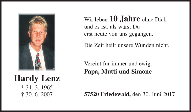  Traueranzeige für Hardy Lenz vom 30.06.2017 aus Siegener Zeitung