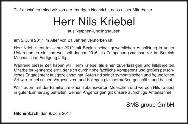  Traueranzeige für Nils Kriebel vom 09.06.2017 aus Siegener Zeitung