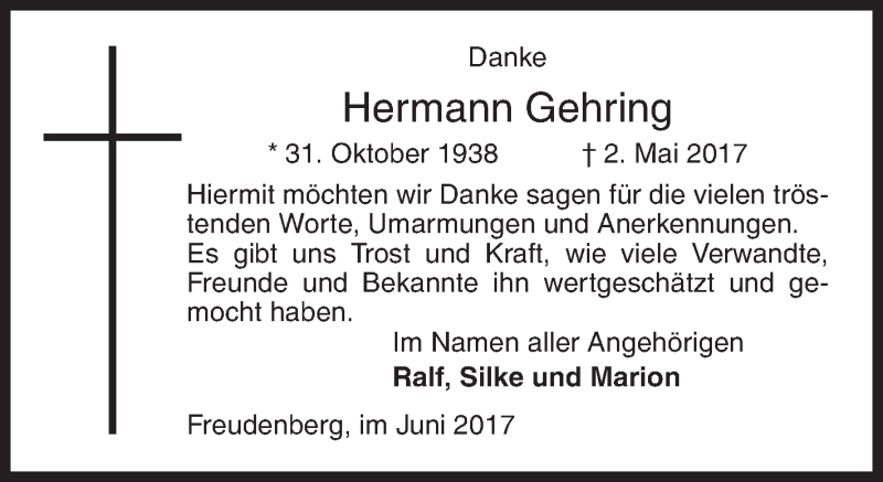  Traueranzeige für Hermann Gehring vom 01.06.2017 aus Siegener Zeitung