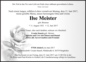 Traueranzeige von Ilse Meister von Siegener Zeitung