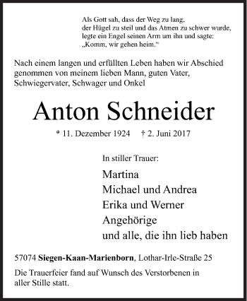 Traueranzeige von Anton Schneider von Siegener Zeitung