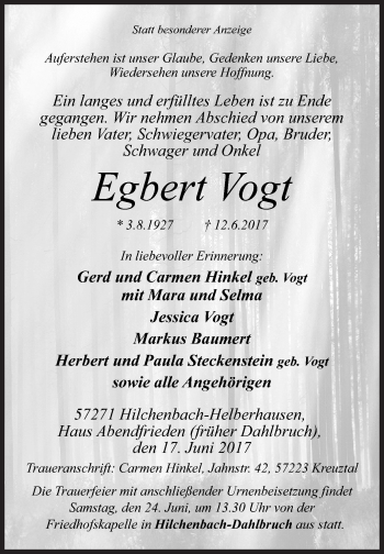 Traueranzeige von Egbert Vogt von Siegener Zeitung