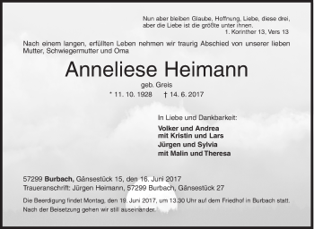 Traueranzeige von Anneliese Heimann von Siegener Zeitung