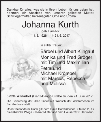 Traueranzeige von Johanna Kurth von Siegener Zeitung